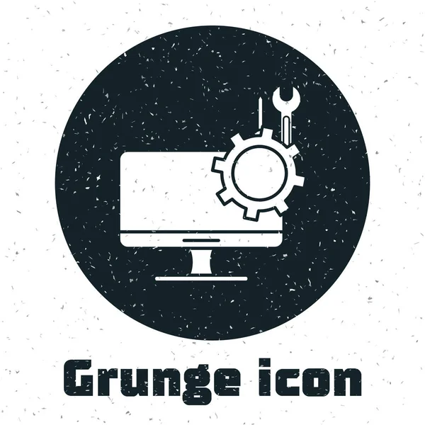 Grunge Computermonitor Mit Schraubendreher Und Schraubenschlüssel Symbol Isoliert Auf Weißem — Stockvektor