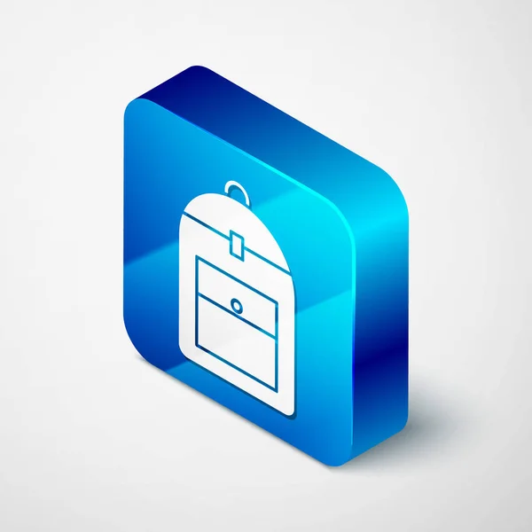 Isometric Backpack Icon Isolated White Background Blue Square Button Vector — Stock vektor