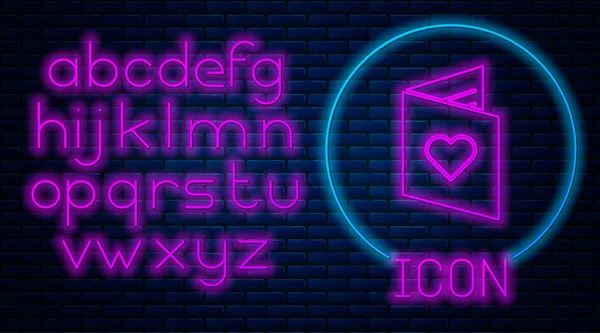 Zářící Neon Valentines Den Leták Ikonou Srdce Izolované Cihlové Zdi — Stockový vektor