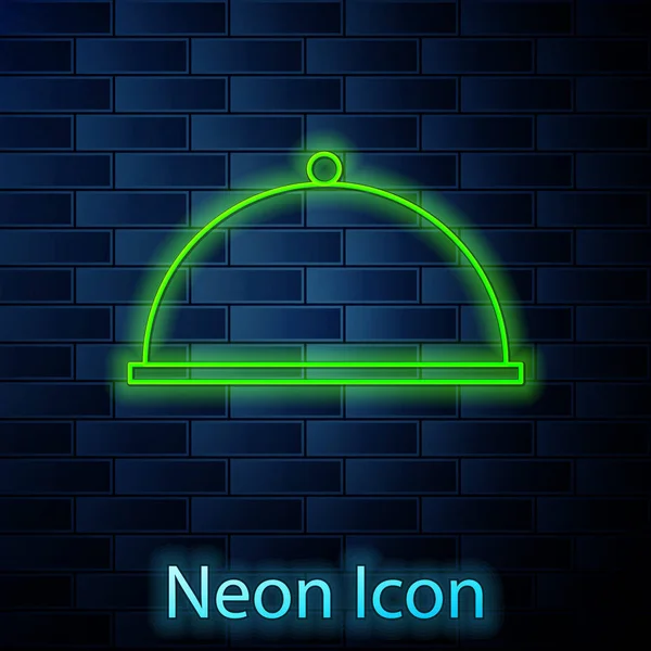 Glowing Neon Line Covered Tray Food Icon Isolated Brick Wall — 스톡 벡터