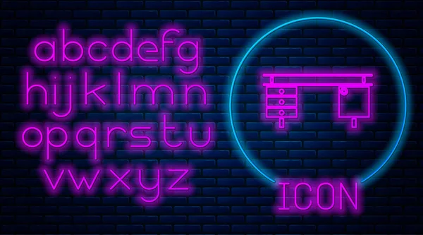 Strălucitoare Pictogramă Birou Neon Izolat Fundal Perete Cărămidă Alfabetul Luminos — Vector de stoc