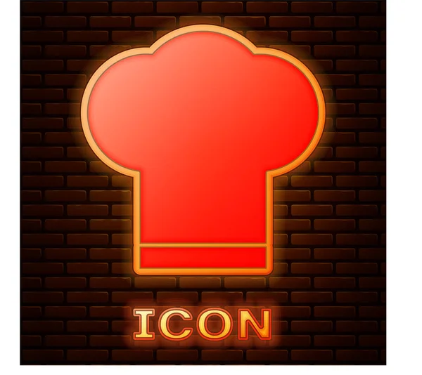 Icono Sombrero Chef Neón Brillante Aislado Fondo Pared Ladrillo Símbolo — Vector de stock