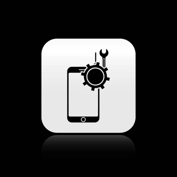 Чорний Мобільний Телефон Викруткою Окопом Ізольований Чорному Фоні Пристосування Обслуговування — стоковий вектор