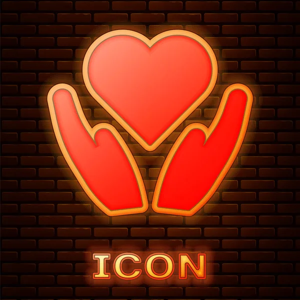 Corazón Neón Brillante Mano Icono Aislado Fondo Pared Ladrillo Mano — Vector de stock