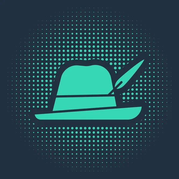 青の背景に隔離された緑のオクトーバーフェストの帽子のアイコン 羽のついたハンター帽子 ドイツの帽子抽象円のランダムなドット ベクターイラスト — ストックベクタ