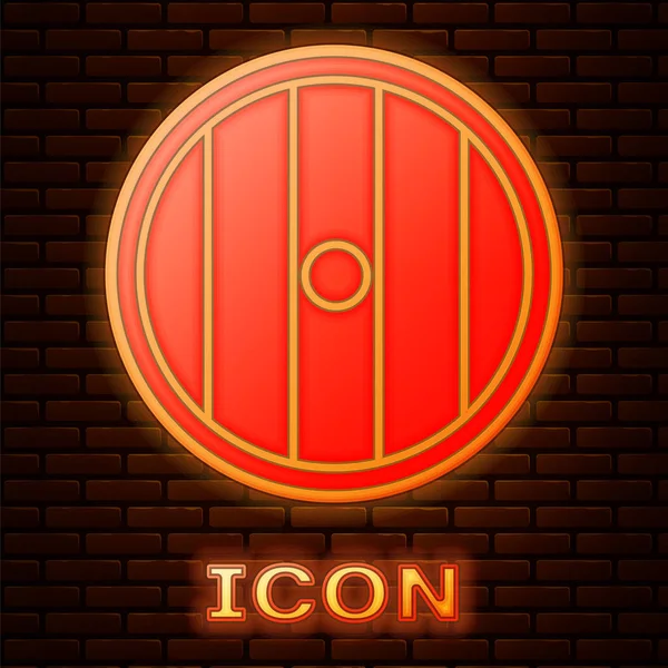 Glowing Neon Wooden Shield Icon Isolated Brick Wall Background Security — Stok Vektör