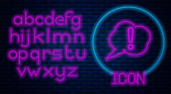 Glowing Neon Speech Bubble Exclamation Icon Isolated Brick Wall Background — Stok Vektör
