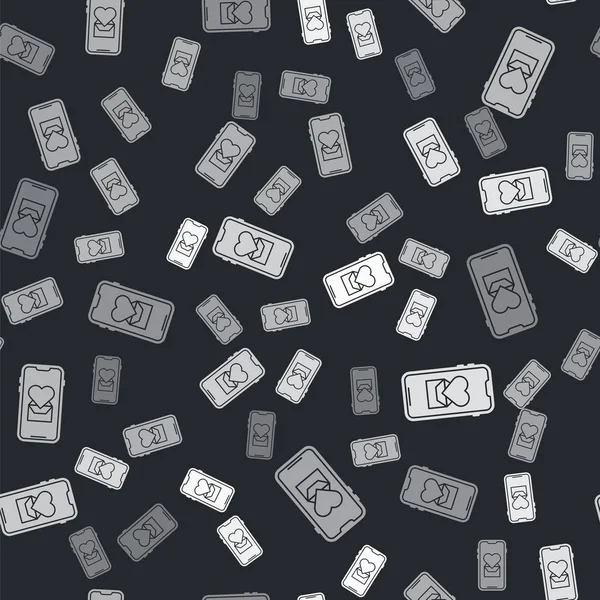 Серый Мобильный Телефон Иконкой Сердца Изолированный Бесшовный Рисунок Черном Фоне — стоковый вектор