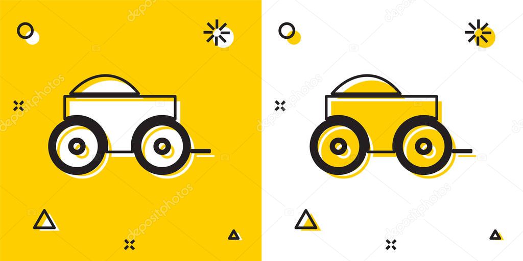 Black Wooden four-wheel cart with hay icon isolated on yellow and white background. Random dynamic shapes. Vector Illustration