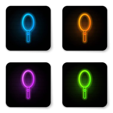 Parlayan neon el ayna ikonu beyaz arkaplanda izole edildi. Siyah kare düğme. Vektör İllüstrasyonu