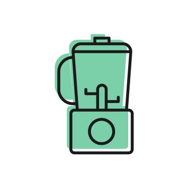 Siyah çizgi karıştırıcı simgesi beyaz arkaplanda izole edildi. Mutfak elektrikli kırıcı ve kase. Meyve suyu, kokteyl ya da meyve suyu. Vektör İllüstrasyonu