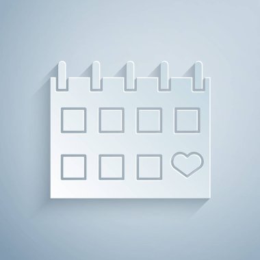 Kağıt kesiği Takvim, gri arkaplanda kalp simgesi var. Sevgililer Günü. Aşk sembolü. 14 Şubat. Kağıt sanatı tarzı. Vektör İllüstrasyonu