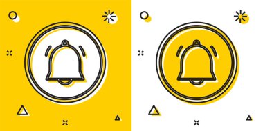 Siyah Çember düğmesi ve sohbet bildirim simgesi sarı ve beyaz arkaplanda izole edildi. Yeni mesaj, iletişim, sohbet, sosyal ağ bildirimi. Rastgele dinamik şekiller. Vektör İllüstrasyonu