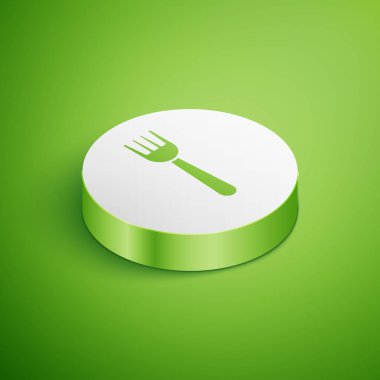 Yeşil arka planda izole edilmiş tek kullanımlık plastik çatal simgesi. Beyaz daire düğmesi. Vektör İllüstrasyonu
