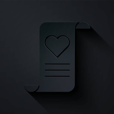 Kağıt kesiği Zarfta siyah arka planda Sevgililer Günü kalp ikonu var. Mesaj aşkım. Aşk ve romantizm mektubu. Kağıt sanatı tarzı. Vektör İllüstrasyonu