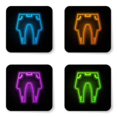 Parlayan neon pantolon simgesi beyaz arkaplanda izole edildi. Siyah kare düğme. Vektör İllüstrasyonu