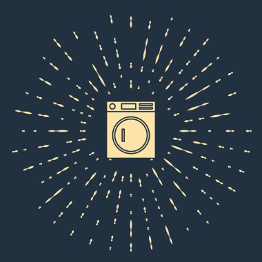 Bej rengi çamaşır makinesi simgesi mavi arkaplanda izole edilmiş. Çamaşır makinesi simgesi. Çamaşır makinesi, çamaşır makinesi. Ev aletleri sembolü. Soyut çember rastgele noktalar. Vektör İllüstrasyonu