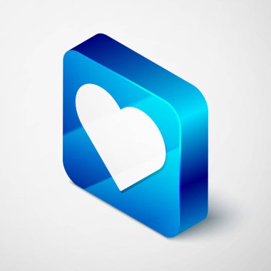 Isometric Heart simgesi beyaz arkaplanda izole edildi. Romantik sembol, bağlanma, tutku ve düğün. Sevgililer Günü sembolü. Mavi kare düğme. Vektör İllüstrasyonu