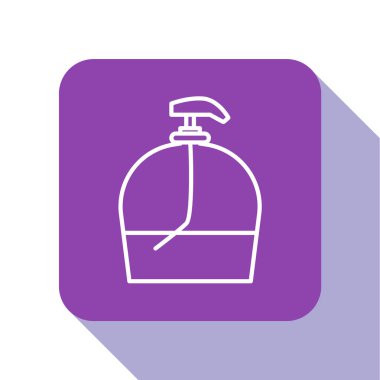 Beyaz arkaplanda izole edilmiş şeker ikonu olan sıvı antibakteriyel sabun. Dezenfeksiyon, hijyen, cilt bakımı. Mor kare düğme. Vektör İllüstrasyonu