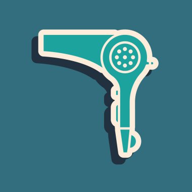 Yeşil Saç kurutucu simgesi mavi arka plan üzerinde izole. Saç kurutma makinesi işareti. Saç kurutma sembolü. Sıcak hava üflüyor. Uzun gölge stili. Vektör İllüstrasyonu