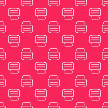 Beyaz çizgi tost makinesi, tost simgesiyle kırmızı arka planda izole edilmiş kusursuz desen. Vektör İllüstrasyonu