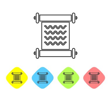 Gri çizgi kararnamesi, kağıt, parşömen, parşömen simgesi beyaz arkaplanda izole edilmiş. Renkli eşkenar dörtgen düğmelerine simgeleri yerleştir. Vektör İllüstrasyonu