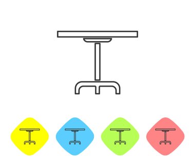 Gri çizgi yuvarlak masa simgesi beyaz arkaplanda izole edildi. Renkli eşkenar dörtgen düğmelerine simgeleri yerleştir. Vektör İllüstrasyonu