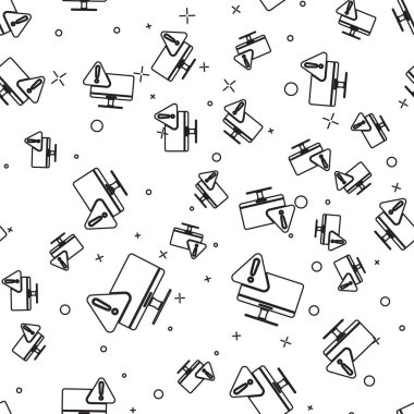 Siyah çizgi bilgisayar monitörü ünlem işareti simgesi ile beyaz arkaplanda izole edilmiş kusursuz desen. Uyarı mesajı akıllı telefon uyarısı. Vektör İllüstrasyonu