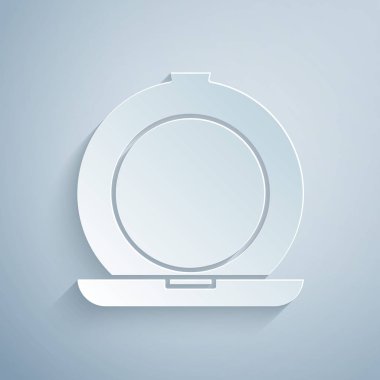 Kağıt kesiği makyaj tozu ve gri arkaplanda ayna simgesi var. Kağıt sanatı tarzı. Vektör İllüstrasyonu