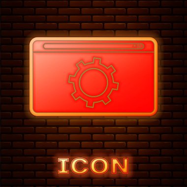 Glowing neon Setting icon isolated on brick wall background. Adjusting, service, maintenance, repair, fixing.  Vector Illustration