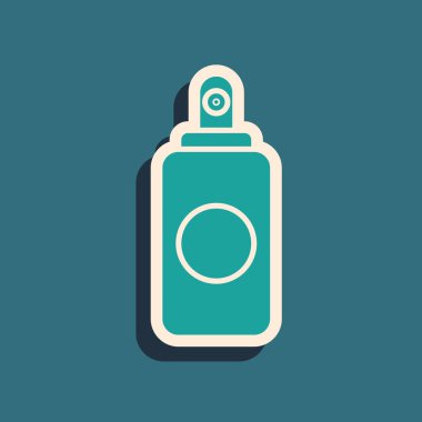 Oda spreyi için yeşil sprey kutusu, saç spreyi, deodorant, terleme önleyici ikon mavi arka planda izole edilmiş. Uzun gölge tarzı. Vektör İllüstrasyonu