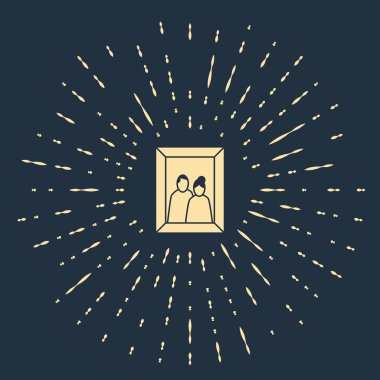 Masa simgesindeki bej resim çerçevesi mavi arkaplanda izole edilmiş. Sevgililer Günü sembolü. Soyut çember rastgele noktalar. Vektör İllüstrasyonu