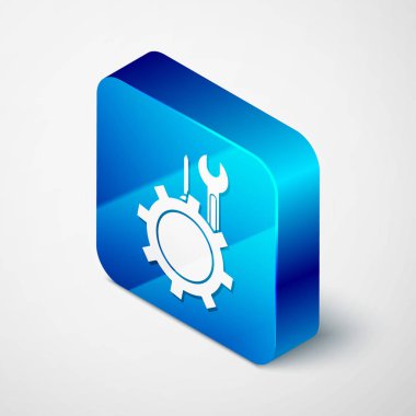 Beyaz arkaplanda Isometric İngiliz anahtarı ve vites simgesi var. Ayarlama, servis, ayar, bakım, onarım, onarım. Mavi kare düğme. Vektör İllüstrasyonu