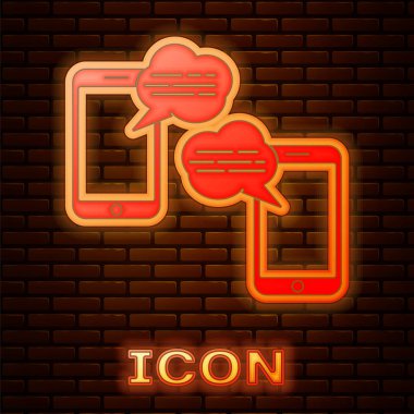 Glowing neon New chat messages notification on phone icon isolated on brick wall background. Smartphone chatting sms messages speech bubbles.  Vector Illustration