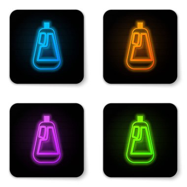 Parlayan neon plastik şişe, sıvı çamaşır deterjanı, çamaşır suyu, bulaşık deterjanı, beyaz arka planda izole edilmiş sıvı ikon. Siyah kare düğme. Vektör İllüstrasyonu