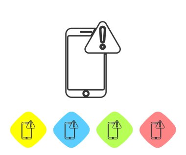 Beyaz arka planda ünlem işareti simgesi olan gri çizgi cep telefonu. Uyarı mesajı akıllı telefon uyarısı. Renkli eşkenar dörtgen düğmelerine simgeleri yerleştir. Vektör İllüstrasyonu