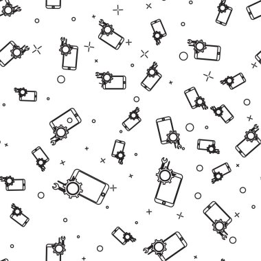 Siyah hat cep telefonu, tornavida ve ingiliz anahtarı simgesi beyaz arka planda izole edilmiş. Ayarlama, servis, ayar, bakım, onarım. Vektör İllüstrasyonu