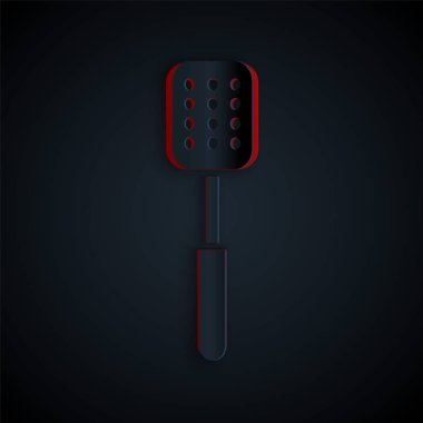 Kağıt kesiği siyah arkaplanda izole edilmiş Spatula simgesi. Mutfak spatula ikonu. Bbq spatula işareti. Barbekü ve ızgara aleti. Kağıt sanatı tarzı. Vektör İllüstrasyonu