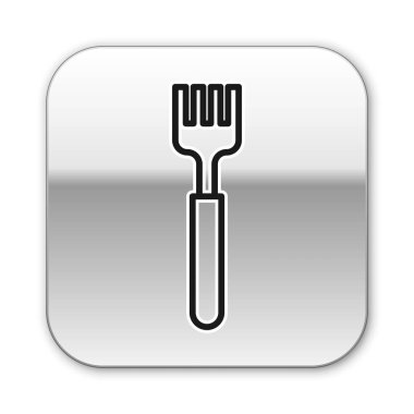Siyah Fork simgesi beyaz arkaplanda izole edildi. Çatal bıçak sembolü. Gümüş kare düğme. Vektör İllüstrasyonu