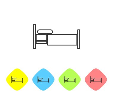Beyaz arka planda gri çizgi yatak simgesi izole edildi. Renkli eşkenar dörtgen düğmelerine simgeleri yerleştir. Vektör İllüstrasyonu
