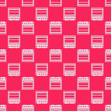 Beyaz çizgi fırın simgesi kırmızı arkaplanda izole edilmiş. Fırın tabelası. Vektör İllüstrasyonu