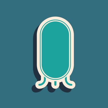 Yatak odası, mağazalar, sahne arkası ikonu için mavi arka planda yeşil büyük boy ayna. Uzun gölge tarzı. Vektör İllüstrasyonu