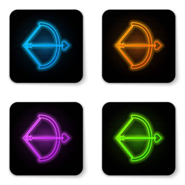 Parlayan neon yay ve ok simgesi beyaz arkaplanda izole edildi. Aşk tanrısı sembolü. Aşk işareti. Sevgililer Günü konsepti. Siyah kare düğme. Vektör İllüstrasyonu
