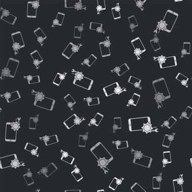 Tornavidalı gri cep telefonu ve anahtar ikonu siyah arkaplanda izole edilmiş pürüzsüz desen. Ayarlama, servis, ayar, bakım, onarım. Vektör İllüstrasyonu