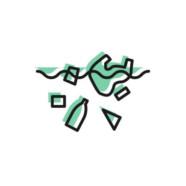 Siyah çizgi. Beyaz arka planda izole edilmiş okyanus ikonu kirliliği sorunu. Çöpler, plastikler, denizdeki poşetler. Vektör İllüstrasyonu