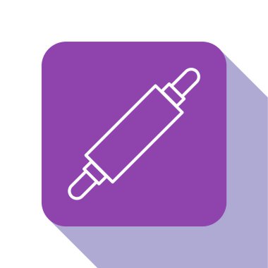 Beyaz çizgi yuvarlanan pin simgesi beyaz arkaplanda izole edildi. Mor kare düğme. Vektör İllüstrasyonu