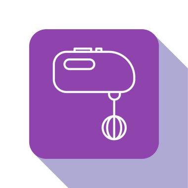 Beyaz çizgi elektrik karıştırıcı simgesi beyaz arkaplanda izole edildi. Mutfak blenderi. Mor kare düğme. Vektör İllüstrasyonu