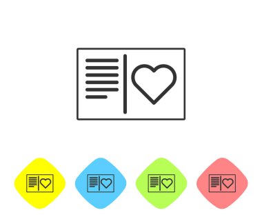 Beyaz arka planda kalp ikonu olan gri çizgi Sevgililer Günü broşürü. Kutlama için davetiye ya da tebrik kartı şablonu. Renkli eşkenar dörtgen düğmelerine simgeleri yerleştir. Vektör İllüstrasyonu