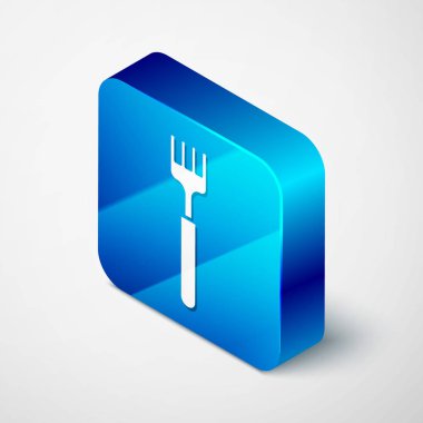 Isometric Fork simgesi beyaz arkaplanda izole edildi. Çatal bıçak sembolü. Mavi kare düğme. Vektör İllüstrasyonu