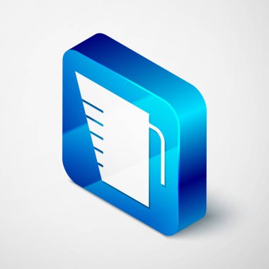 Beyaz zemin üzerinde izole edilmiş kuru ve sıvı yiyecek ikonunu ölçmek için Isometric Ölçme kabı. Plastik şişenin sapı var. Mavi kare düğme. Vektör İllüstrasyonu